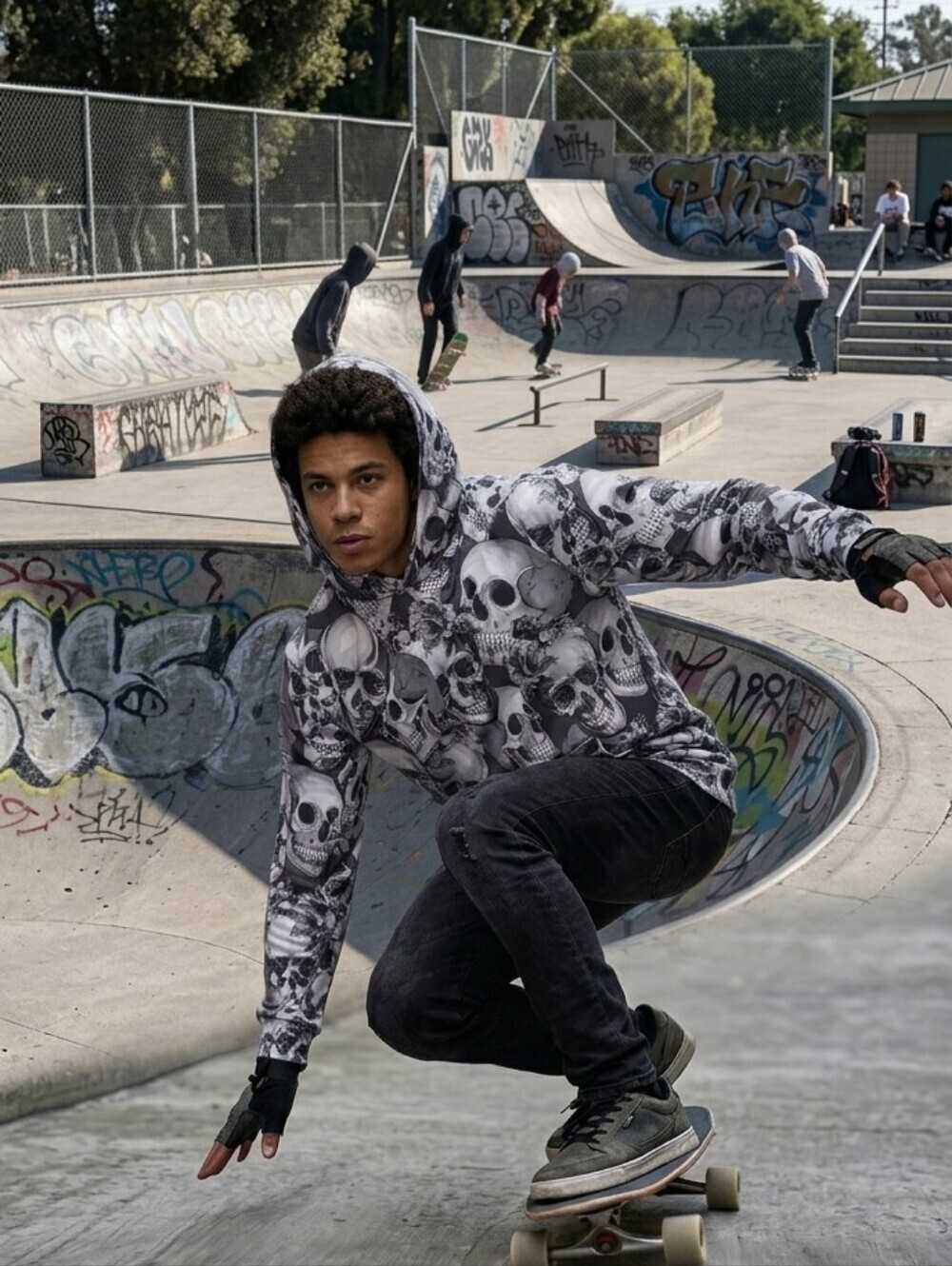 Skull Print Gray Hoodie